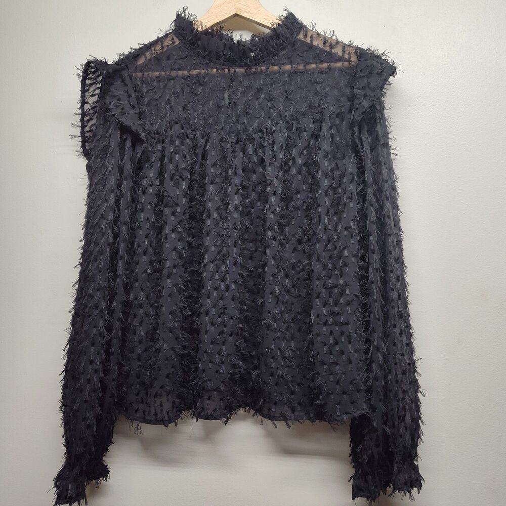 MNG By Mango Blouse Top Women  16 Black Long Sleeve Eyelash Fringe Whimsigoth